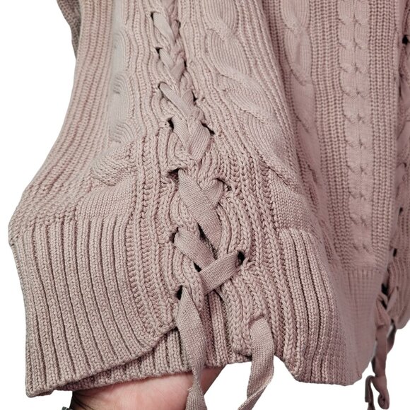 Cable-Knit Lace-Up Tunic Sweater V-Neck Long Sleeve Oversized Fit Pink X-Large - Picture 2 of 11